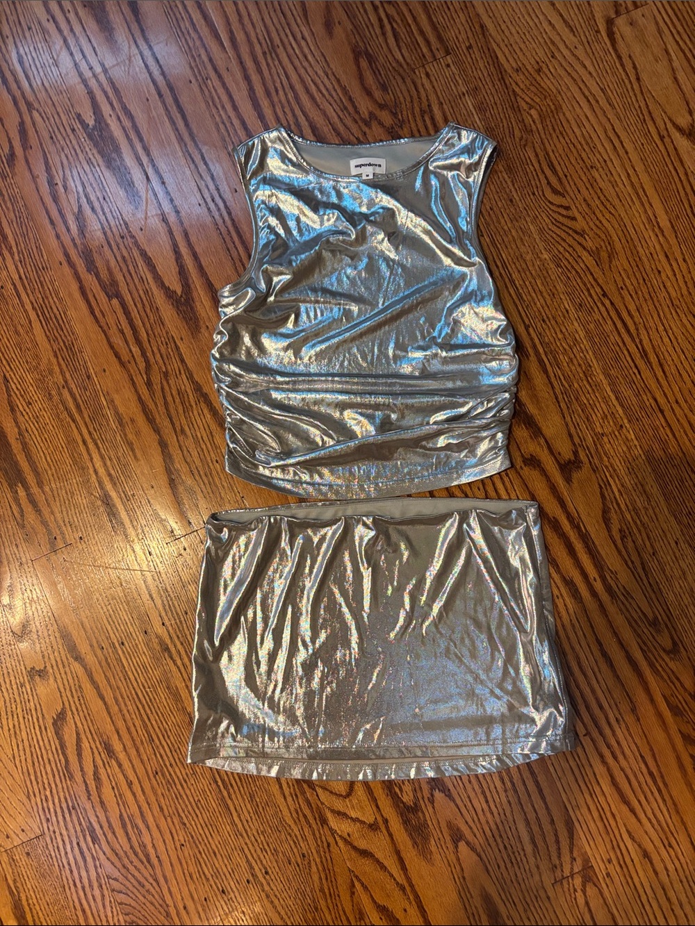 superdown Iridescent Silver Mini Skirt and Top